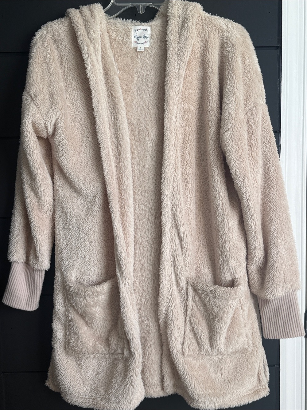 Hippie Rose Plush Hooded Cardigan Beige S